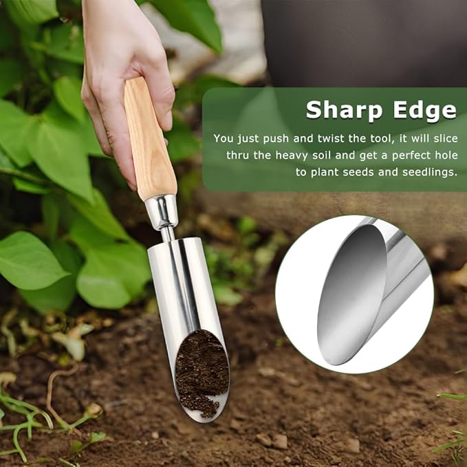 Bulb Planter Tool, 11" Stainless Steel Bulb Planter Tool, Garden Bulbs Transplanter Tools, Manual Hole Digger with Wood Handle, Dibble Tools for Seeding Planting, Flower Planters
