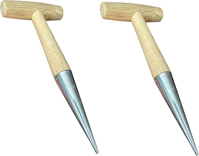 Garden Guru Steel Dibber Planter Tool for Planting Seeds & Bulbs - High Carbon Steel & Comfortable Wood Carved Handle - for Consistent Planting Flowers Tulips, Daffodils, Dahlias (2 Pack)