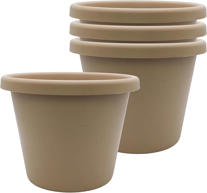 The HC Companies 8.5 Inch Classic Round Planter Pots with Drainage, Rolled Rim Plastic Planters for Indoor & Outdoor Plants, 4-Pack Decorative Flower Pots for Garden, Office & Home Decor, Sandstone