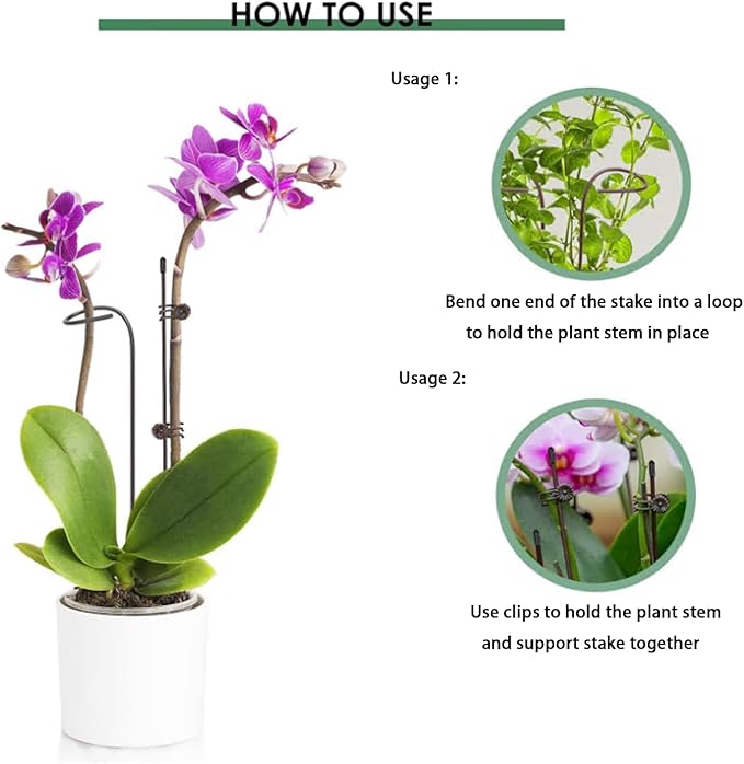 24 Pcs Plant Stakes Kit, 12 Inch Bendable Single Stem Support Stakes with Orchid Clips Connect Rings, Stackable Garden Plant Stick Planter Support Sticks for Potted Plants Flowers Orchid Rose Peony