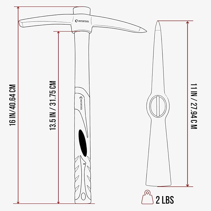 INTERTOOL Hand Pick Axe -15-Inch Forged Steel Weeding Mattock Adze Hoe 1.5 lb with Anti-Slip Fiberglass Handle - Heavy-Duty Garden Tool for Roots, Rocks, Digging & Camping HT08-0303