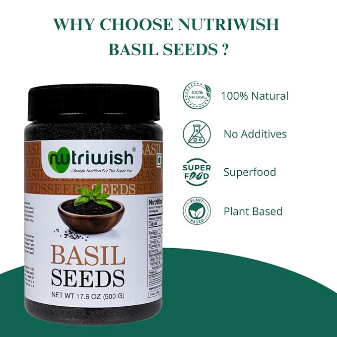Nutriwish Basil Seeds 17.6 oz (500 g) | 100% Natural, Raw & Gluten-Free | Perfect for Smoothies, Drinks & Desserts