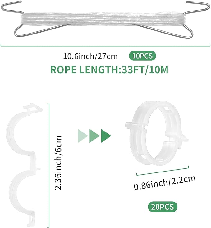 10pcs Tomato Support Hooks with 20pcs Tomato Clips, J Hooks to Prevent Tomatoes from Pinching or Falling Off, Garden Hooks with 33.3ft Twine, Plant Climbing Hooks for Tomatoes Cucumber (10)