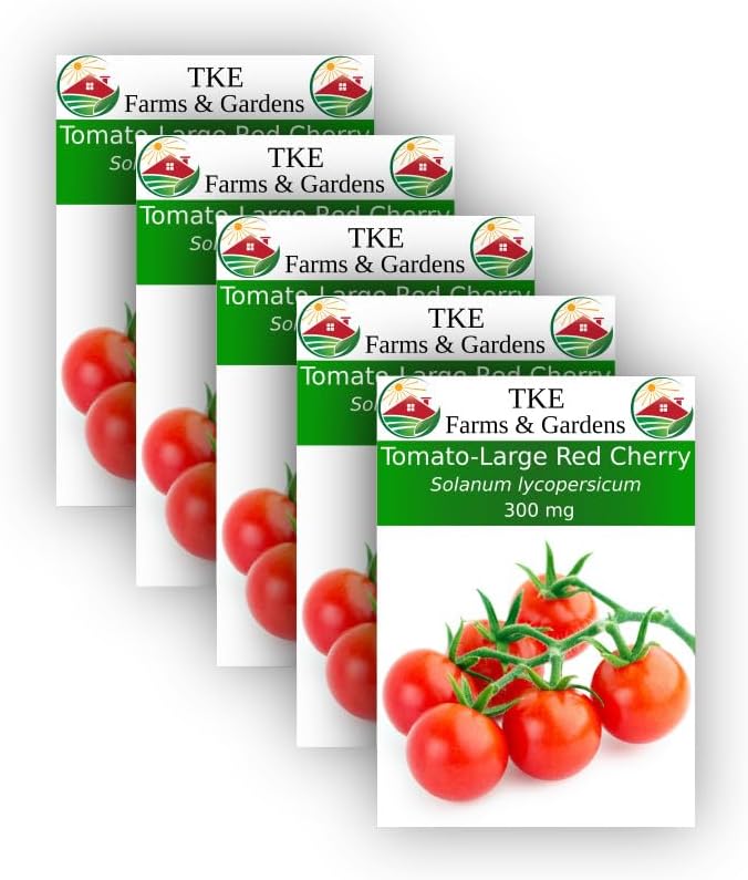TKE Farms - Large Red Cherry Tomato Seeds for Planting, 300 mg Approx. 100 Seeds, Solanum lycopersicun, Instructions Included, Qty 5