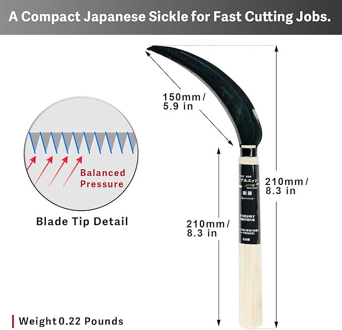 HONEN Japanese Real Edge Saw Sickle, SK-5 Steel Blade with Micro-Chisel Edge for Harvesting, Rope Cutting, and Grass Cutting, Made in Japan