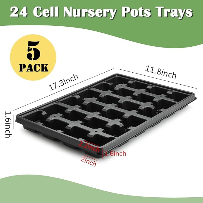 24 Cell Nursery Pots Trays 5 Pack (17"x11"x1.6"), Reusable Plant Pot Tray for Holding 2.8 inch (7CM) Square Nursery Pots, Durable Plastic Carrying Seed Starter Tray with Drain Holes (Black)