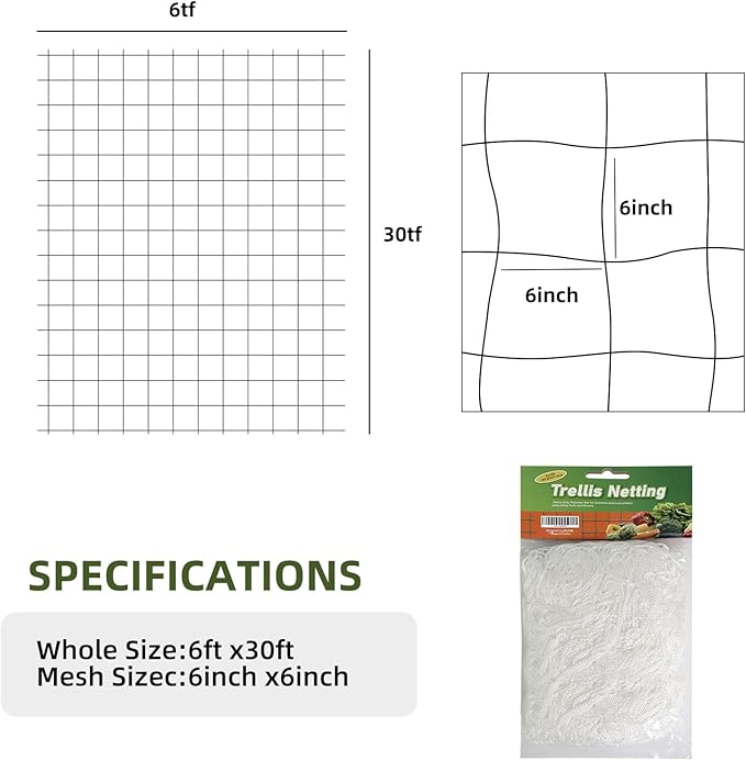 Heavy Duty Garden Trellis Netting, 6 x 30 ft, White, Rectangular, Reusable, Supports Vine Vegetables Fruits Flowers, Ideal for Vertical Horizontal Gardening