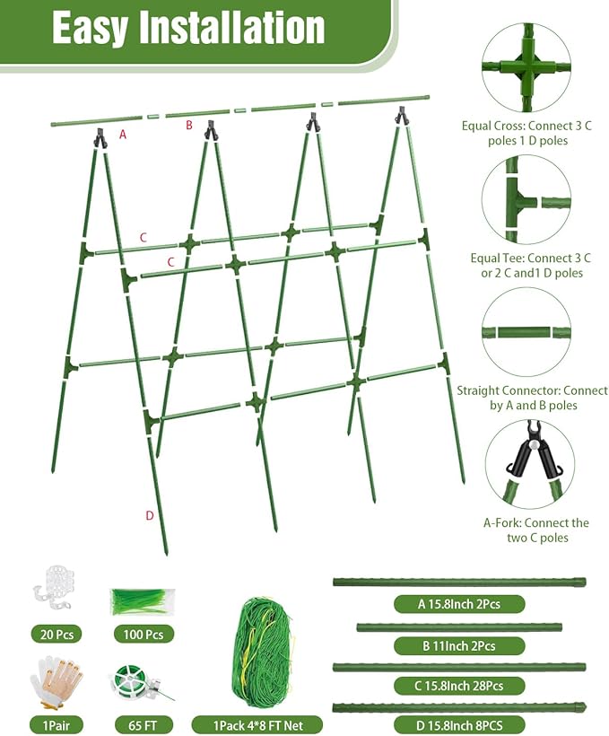 Joyhalo A-Frame Cucumber Trellis for Raised Beds, 47" Hx 57" L Adjustable Size, Garden Trellis for Climbing Plant Outdoors with Climbing Net and Plant Support Clip for Vegetable Vine Pea Bean Tomato