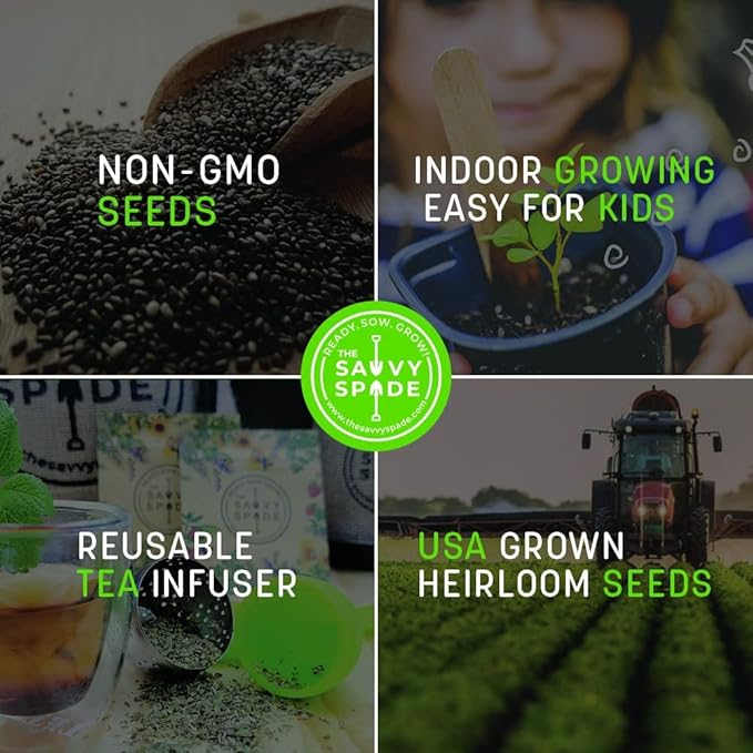 Tea Seeds Herb Garden Kit Indoor – Non-GMO Heirloom Chamomile, Lavender, Mint, Lemon Balm Herbal Tea Seeds for Planting – Tea Making Kit w/Soil Amendments, Markers, Infuser – Gardening Gifts