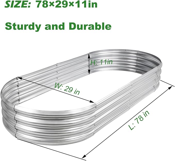 Raised Garden Bed GRS Certified Galvanized Planter Box Outdoor, 6.5ft Oval Rot-Resistant Metal Garden Bed Planter, Recycled Material Planter for Vegetables Flowers Herbs (Silver)