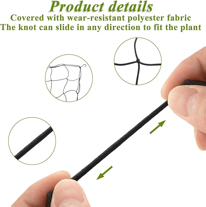 2 Pack Trellis Netting 5x5 Ft for Plants, Flexible Trellis Netting for Grow Tent with Steel Hooks and 100 Zip Ties, 3mm Thick Cord Elastic Net for Heavy Vegetables and Climbing Flowers