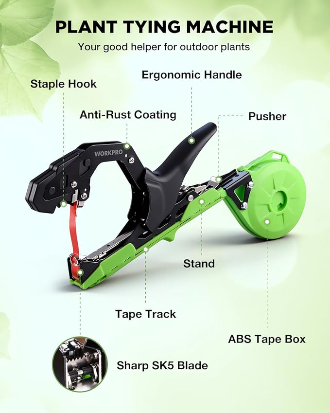 WORKPRO Plant Tying Machine, Lightweight Tape Gun for Tying Vines and Support Plants, Includes Gloves, 20 Rolls of Tape, 10000 Staples, Ideal for Tomatoes, Grapes, Cucumber and Vegetables