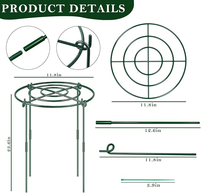 4 Pack Peony Cages and Supports, 11.8" Plant Support Ring with Detachable Extension Rod, Extends to 23.6" H, Heavy Flower Brace Ring Grow Through Plant Support Stakes for Tomato Hydrangea