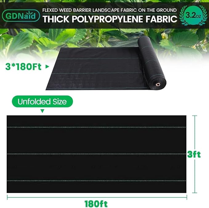 3ftx180ft Weed Barrier Landscape Fabric Heavy Duty, 3.2oz Weed Barrier Garden Fabric, Easy Setup Woven Landscaping Fabric