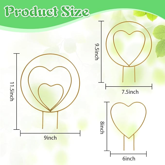 Hoya Trellis 3 Size Indoor Plants Flower Support Stakes Round or Heart Metal Trellis Set Garden Tool Accessories for Small Potted Vine Climbing Houseplants (GoldenCH)