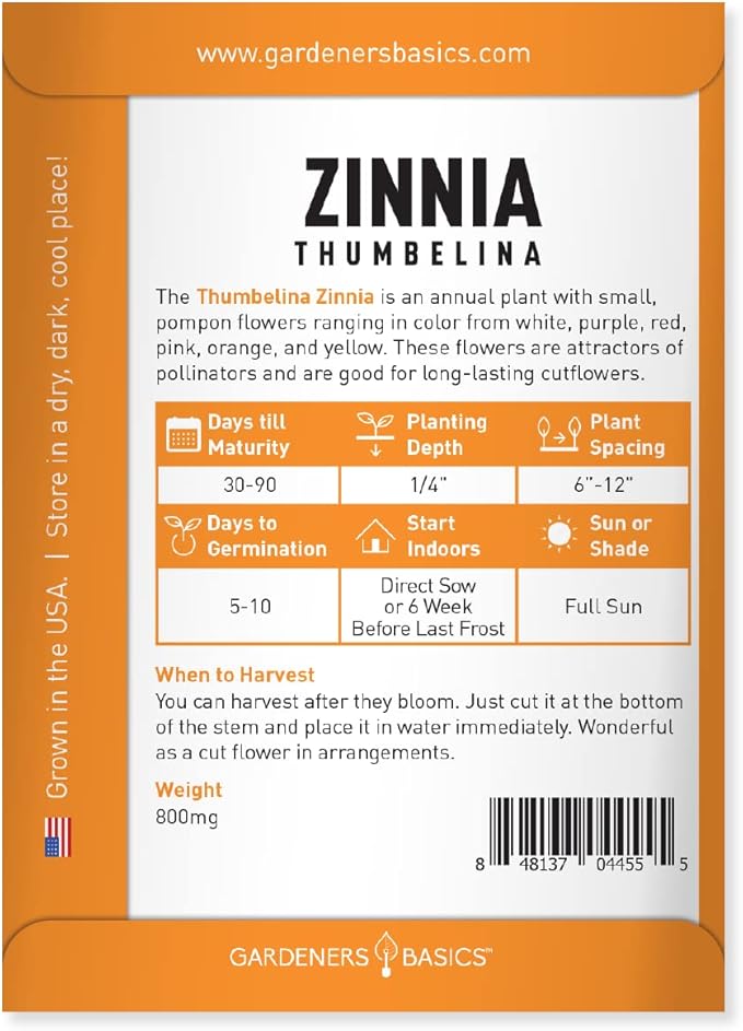 Gardeners Basics Zinnia Seeds for Planting Outdoors Flowers (Thumbelina) - Flower Seed Packet Annual Heirloom, Non-GMO Variety, 800mg Seeds Great for Summer Seeds for Flower Gardens