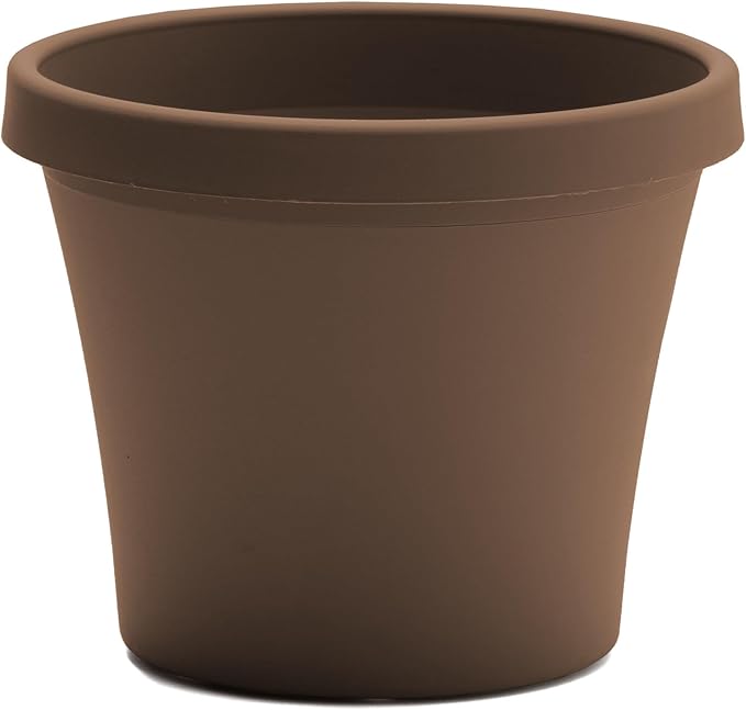 Bloem Terra 8" Round Resin Planter Pot with Drainage Holes, Indoor and Outdoor Gardening, Chocolate, Made in USA