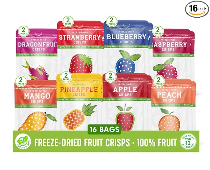 Nature’s Turn Freeze-Dried Fruit Crisps –Healthy, Gluten-Free,Crispy & Delicious,Plant-Based Snack,Ideal for Cereal, Smoothies, School Lunches, & On-the-Go, Superfruit Variety Bags of 16(0.53 oz Each)