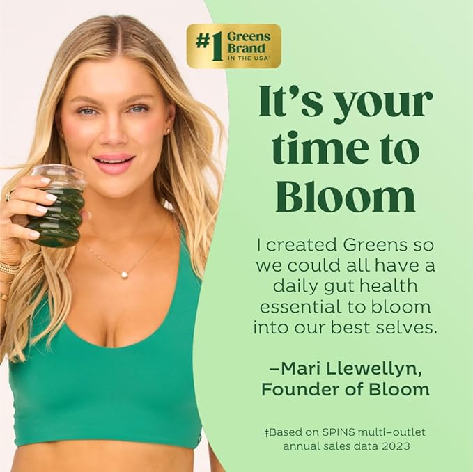 Bloom Nutrition Superfood Greens Powder, Digestive Enzymes with Probiotics and Prebiotics, Gut Health, Bloating Relief for Women, Chlorella, Green Juice Mix w Beet Root Powder, 60 SVG, Strawberry Kiwi