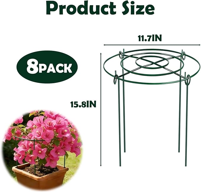8PACK Peony Cages and Supports, Heavy Duty Metal Peony Support Cage, Plant Supports for Outdoor Plants, Plant Support Ring with Grid, for Rose Peony Flowers Tomato (11.5" Dx16 H, Green)
