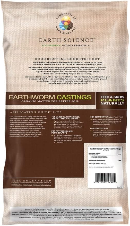 Earth Science – Earthworm Castings – Premium Plant Fertilizer for Indoor & Outdoor Plants – Soil Enhancer for Vegetable Gardens 12lb
