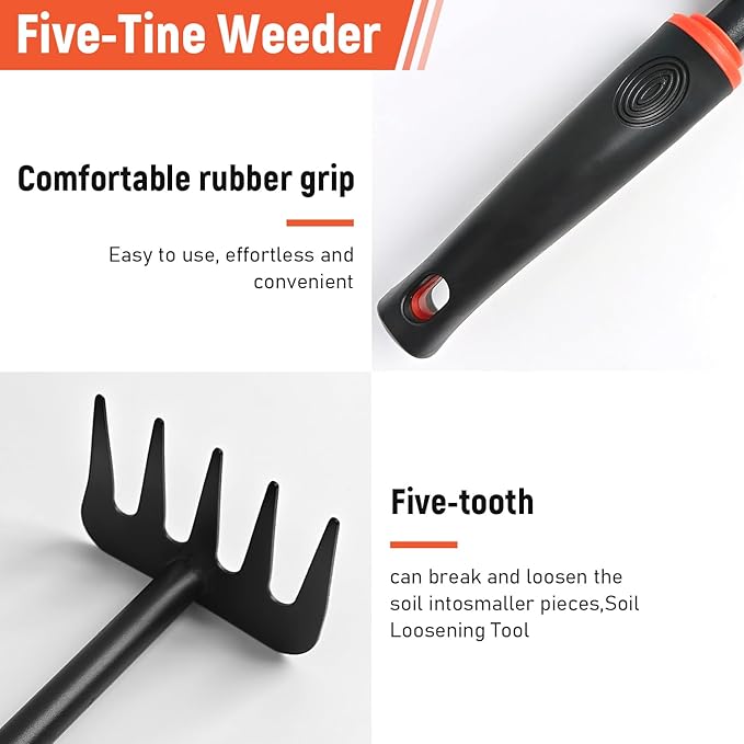 Small Garden Rake, Hand Rake & Cultivator Tool with Non-Slip Handle – Hand Weeder for Weeding, Tilling Soil, Planting