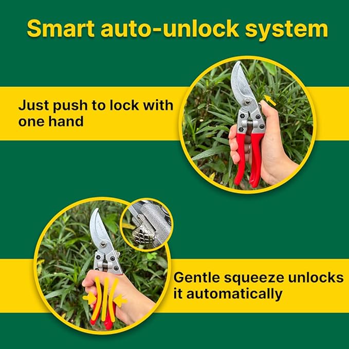 T TOVIA Easy-Cut Bypass Pruning Shears for Gardening– Durable Aluminum hand Pruners with Sharp SK5 Blades, Smart Lock, Ergonomic Grip, Essential Garden Scissors Clippers for 1” Branch Trimming