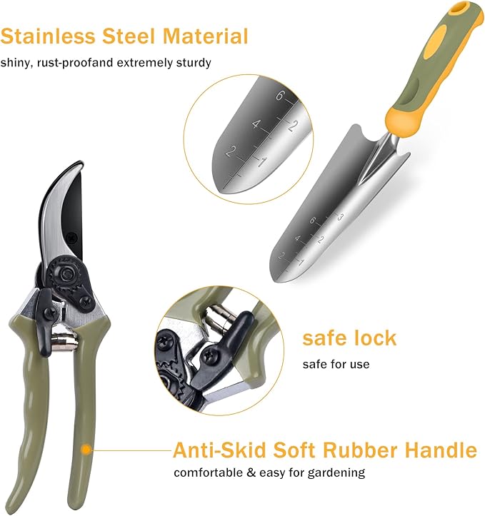 Garden Tool Set, WisaKey 9 Piece Stainless Steel Heavy Duty Gardening Hand Tools with Handle, Durable Garden Tool Bag, Gardening Gifts for Women and Men Valentine's Gift for Woman