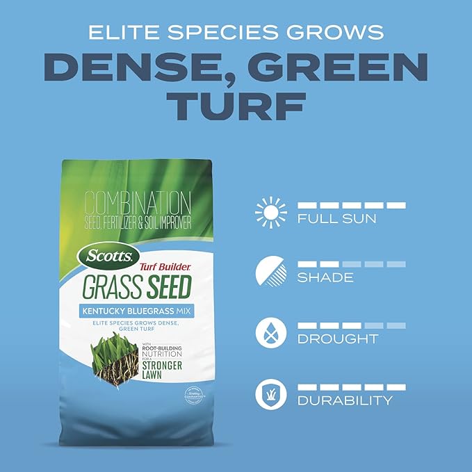Scotts Turf Builder Grass Seed Kentucky Bluegrass Mix with Fertilizer and Soil Improver, Grows Dense, Green Turf, 5.6 lbs.