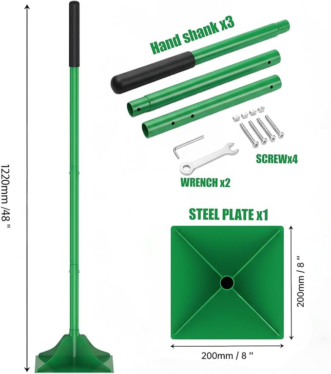 Green Heavy Duty Steel Tamper, 10x10 Inch Head with 48-Inch Handle & Rubber Grip for Soil, Dirt, Gravel and Asphalt Compaction, Ideal Garden Landscaping & Paver Tool Trash Tamper