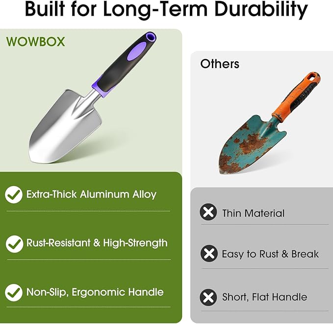 WOWBOX Garden Tools Set - 10 PCS, Heavy Duty Gardening Hand Tools Kit with Storage Tote, Rust-Resistant Gardening Supplies for Planting with Non-Slip Ergonomic Handle for Women and Men (Purple)
