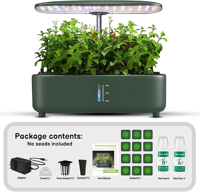 Hydroponics Growing System Kit - 12 Pods Indoor Herb Garden with LED Grow Light, Auto Timer, Adjustable Height up to 17" - Ideal for Home, Birthday & Mother's Day Gifts for Women (Dark Green)