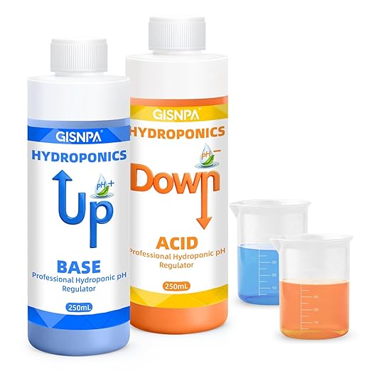 pH Down & pH Up for Hydroponics, pH Control Kit for Hydroponic Nutrients – 250ml pH Down and 250ml(8.45oz/250ml Each) pH Up with 2×50ml Beakers for Nutrient Water pH Adjustment