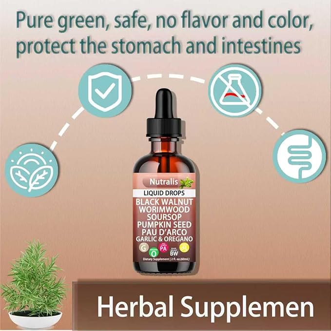 Nutralis Black Walnut Wormwood Gut Cleanse –Wormwood Black Walnut Clove Liquid Drops with Soursop, Pumpkin Seed, PAU D'arco, Garlic Oregano, Boosts Energy, Supports Gut Health & Nutrient Absorption