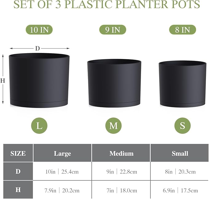 10/9/8 Inch Large Plant Pots with Drainage Holes and Trays, 3 Pack Modern Minimalist Cylinder Planters for Monstera, Snake Plant, Indoor Outdoor (Matte Black)