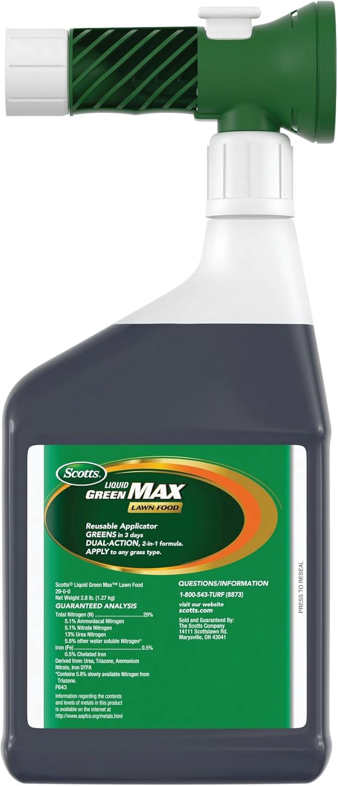 Scotts Liquid Green Max Lawn Food, Lawn Fertilizer and Iron Supplement, for Any Grass Type, 29-0-0, 32 fl. oz.