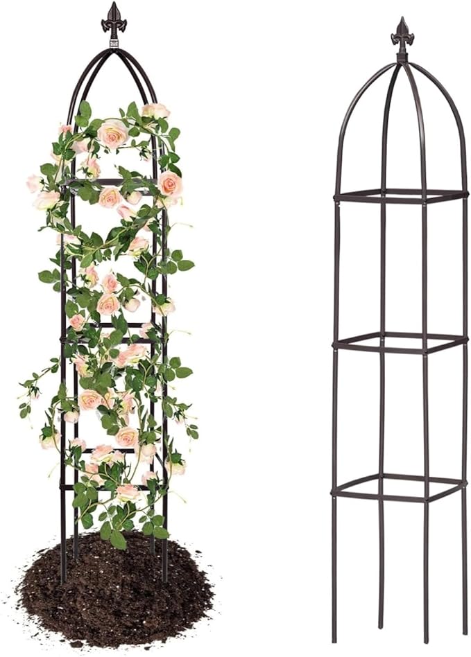 100% Metal Obelisk Trellis for Climbing Plants Outdoor & Indoor - Powder-Coated Steel Tower Obelisk Plant Support - Heavy Duty Rust-Proof Garden Trellis for Climbing Vine Vegetables Flowers Black