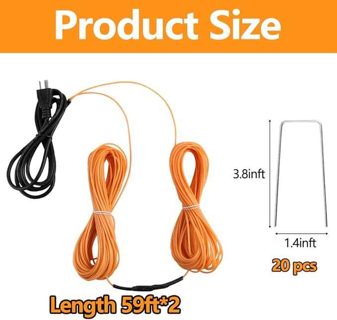 59Ft Soil Heating Cable with Thermostat, Rubber Heated Warming Cable for Seed Starting, Outdoor Greenhouse, Cold Frame & Garden Beds, Plant Root Winter Protection Kit Includes Ground Stakes