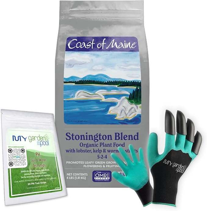 Coast of Maine SP6000 Stonington Plant Food 4 LB – Organic Soil Builder for Vegetables & Flowers with My Garden Pool Soil Test Strips & Claw Gardening Gloves