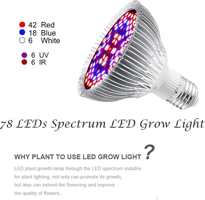 Full Spectrum 50W Led Grow Light Bulb for Indoor Plants, Vegetables and Seedlings, LED Plant Light Bulb for Hydroponics, Indoor Garden, Greenhouse and Organic Soil, E27 78LED Plant Lights, Pack of 2
