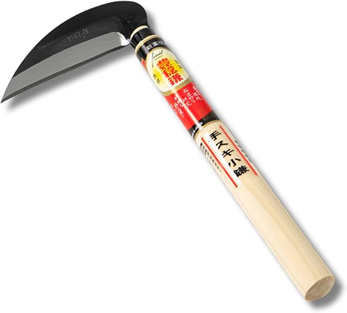 Hounen Miyawaki Japanese Weeding Sickle Kama (4.7" (12 cm) Blade) – Curved Serrated Pull-Cut High-Carbon Steel Weed & Grass Cutter, Ultra-Light 3.5 oz (100 g), 11" (28 cm) Wood Handle, Made in Japan