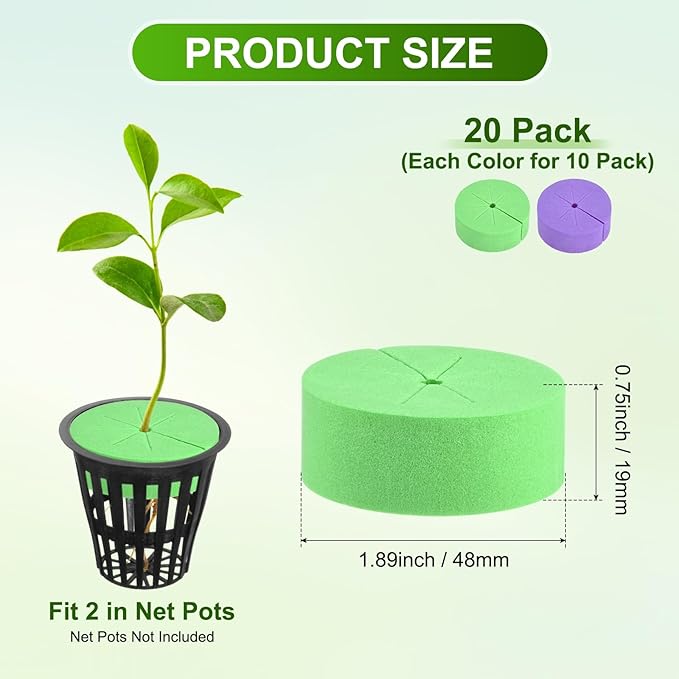 20-Pack Cloning Collars Inserts, Hydroponics Sponge Systems Cloning DIY Foam Cloner Inserts Fits 2" Net Pots for Hydroponic/Clone Machines/Plant Germination [Purple, Green]