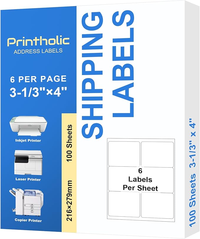 Printholic 600 6 Per Sheet Label Address Labels 3-1/3" x 4" Self Adhesive Sheets Shipping Labels Easy Peel & Feed White Stickers for Laser & Inkjet Printers (100 Sheets, 600 Labels)