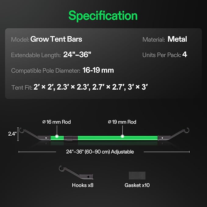 VIVOSUN Grow Tent High CFM Kit, Heavy-Duty Mounting Bars, High Airflow Support Pole Kit 24"-36" Adjustable, Suitable for 2’×2’, 2.3’×2.3’, 2.7’×2.7’, and 3’×3’ Tents, 4-Pack