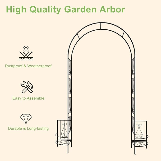 OUSHENG 8FT Metal Garden Arch Trellis with Planter Boxes for Climbing Plants Outdoor, Heavy-Duty Wedding Arch Backdrop Stand for Ceremony, Party, and Garden Decorations, Rust-Resistant Black Pergola