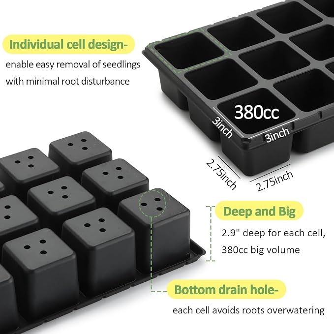 RooTrimmer 10 Pack 18 Cell Seed Starter Trays - 2.9 "Deep 3 Inch Big Cell Plastic Nursery Trays, 20" x 10", for 1020 Flat Trays Seed Germination, Planting Seedlings & Propagation