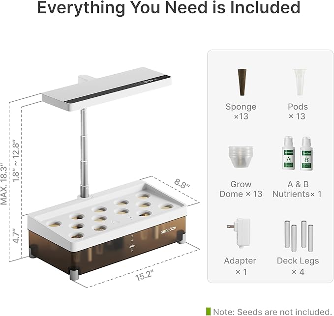 SUNCOZE Hydroponics Growing System Kit 13 Pods, Indoor Garden with Dimmable Grow Light, 4L Visible Water Tank with Adjustable Height to 12.8",Digital Timer & Water/Nutrient Reminder, Gardening Gifts