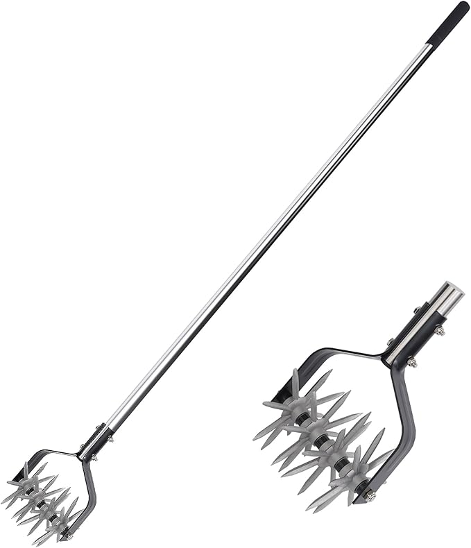 Rotary Cultivator Garden Tool, Adjustable Hand Tiller, Long Handle Cultivator for Aerating, Planting and Mixing Soil or Reseeding Grass