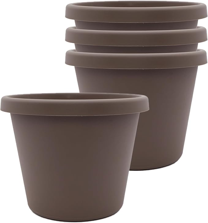 The HC Companies 8 Inch Prima Round Planter Pots with Drainage Holes and Rolled Rim, Lightweight UV-Resistant Plastic Indoor & Outdoor Planters, 4-Pack Flower Pots for Garden & Home Decor, Cappuccino