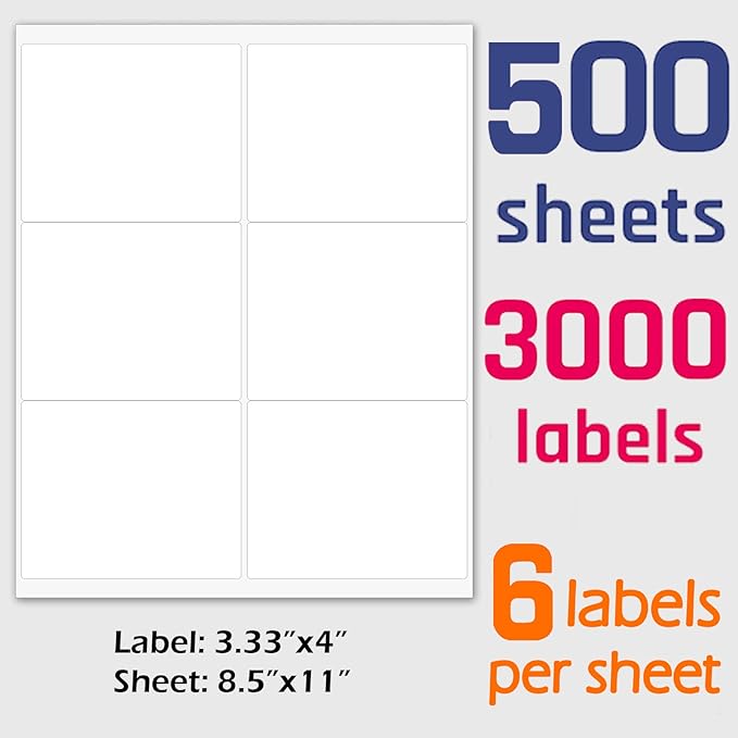 3-1/3" x 4" Shipping Address Labels 3000 Label Stickers Paper for Laser/Inkjet Printer 6 per Page Printable Mailing Labels, FBA Box Labels - Matte, 500 Sheets